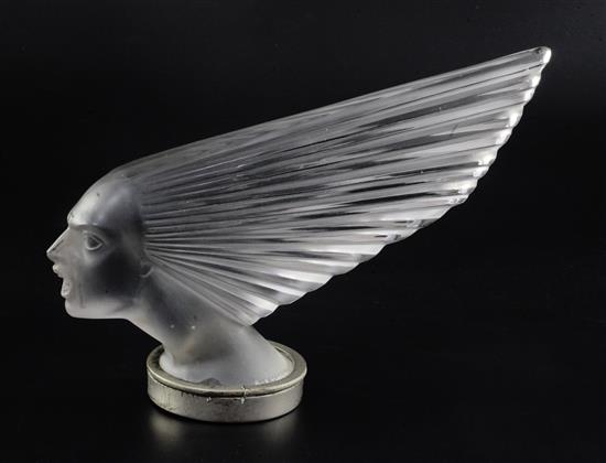 A rare René Lalique Victoire car mascot, height incl. mount 16.3cm length approx. 25.5cm